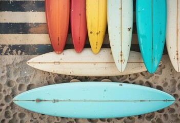 Colorful surfboards lined up on sandy beach ready for a fun surfing day