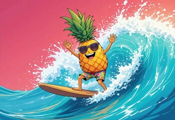Pineapple character surfing on a vibrant wave during a sunny day at the beach