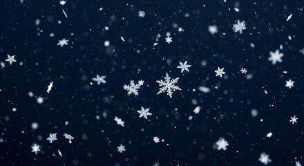 Falling snowflakes in focus, shimmering against a dark blue backdrop. Soft bokeh effect creates depth; captures the tranquility of winter. Ideal for a serene seasonal theme.