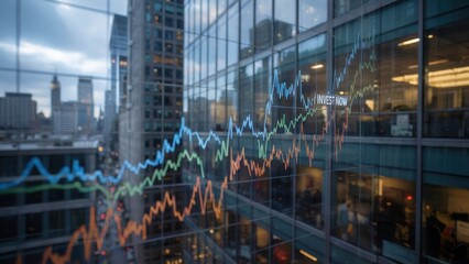 Financial graph overlaying a modern city building with an invest now call to action message shown