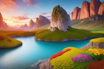 Obraz premium Beautiful and Peaceful Nature Scenery Illustration Landscape Countryside Tranquil Vibrant and Colorful