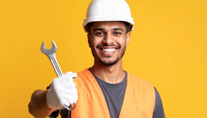 Smiling tradesman holds wrench ready for work