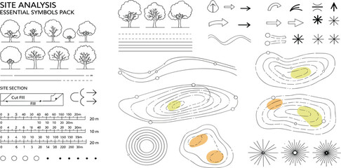 landscape architecture site analysis symbol icon element drawing graphic flat isolated vector. urban design element drawing