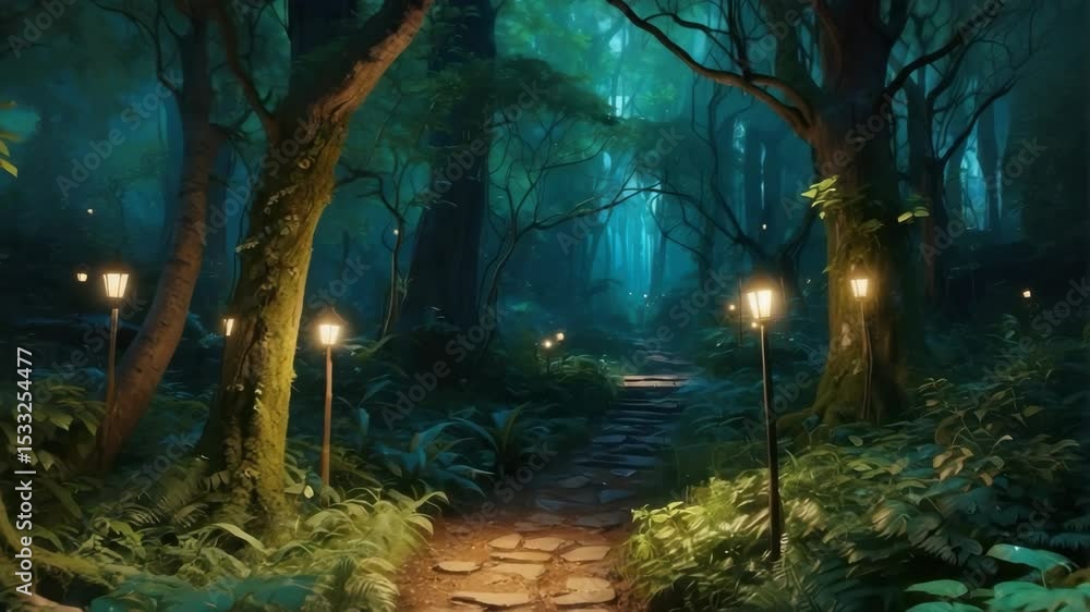 Aufkleber illuminated pathway through a forest with trees and magical lamps creating a serene scene.