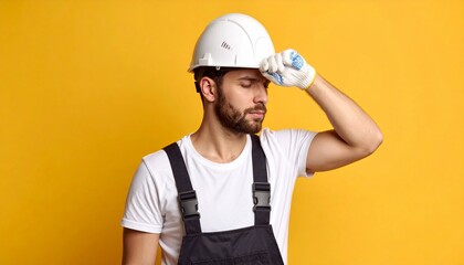 Construction worker rests yellow backdrop