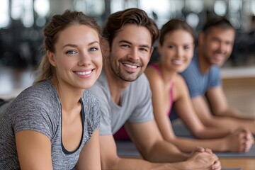 group of smiling people stretching at the gym