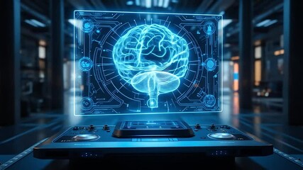 A futuristic brain interface hologram with user-selectable zones hovering above a sleek metallic console with holographic controls - Powered by Adobe