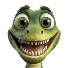 A cartoon green-eyed dinosaur smiling happily