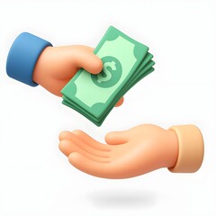 3D illustration of hand giving a stack of cash to another open hand, floating on a clean white background
