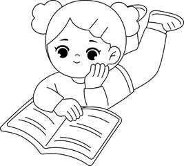 cute girl reading book printable coloring page