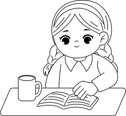cute girl reading book printable coloring page