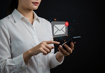 New email notification alert concept. A person receiving new message notification on their smartphone. digital envelope icon with a red alert symbol represents incoming email or communication update.