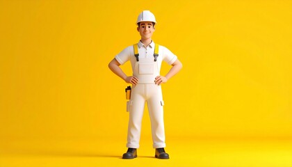 Confident cartoon construction worker stands smiling