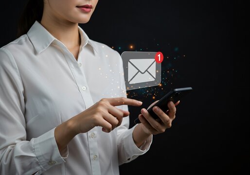 New email notification alert concept. A person receiving new message notification on their smartphone. digital envelope icon with a red alert symbol represents incoming email or communication update.