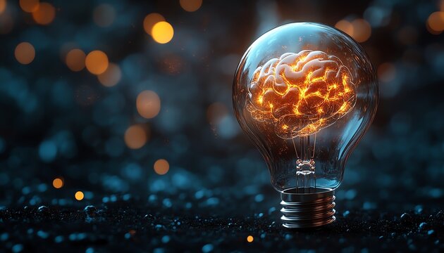 Glowing light bulb with brain inside represents innovation Idea