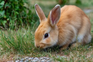 orange rabbit in the garden yard eating grass