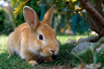 orange rabbit in the garden yard eating grass