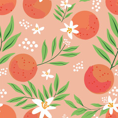Vector seamless oranges pattern on pink floral blossom doodle background.