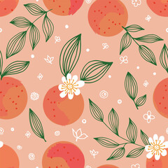 Vector seamless orange fruits pattern on pink floral doodle background.Vector orange seamless blossom background.