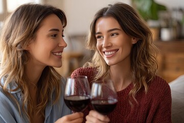 Two female friends at home, relaxing with a glass of red wine. The girls smile and toast.