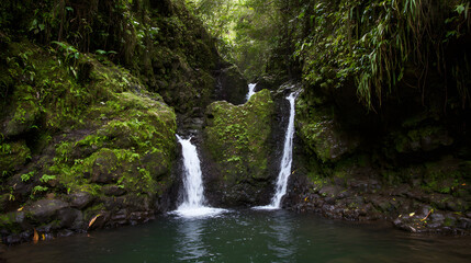 Fototapeta premium Twin waterfalls flow into a turquoise pool, surrounded by lush rainforest. Nature's serene beauty in a tropical paradise.