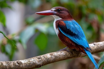 Close-up of a white-necked kingfisher with bright blue wings perched on a branch in its natural habitat