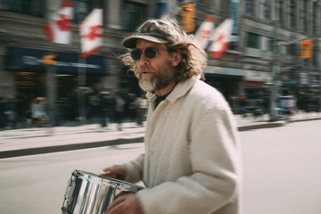 man in protest march rhythmically playing handheld drum blurred storefronts and flags in background sunlight