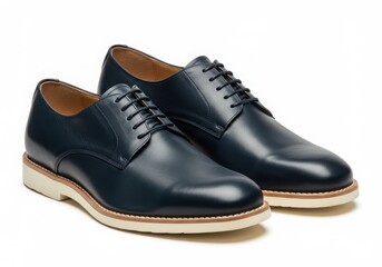 Pair of navy blue leather derby shoes isolated on white background