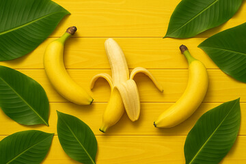 Top view of ripe bananas and green leaves arranged neatly on a yellow wooden backdrop.