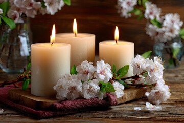 Beautiful candles with colorful flowers on wooden background