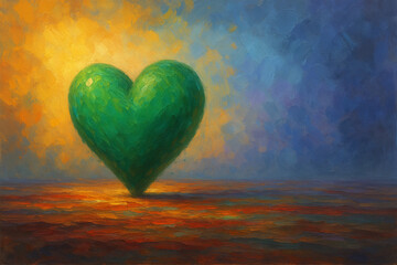 A green heart stands out in a surreal, colorful, and abstract background with textured painterly brushstrokes.