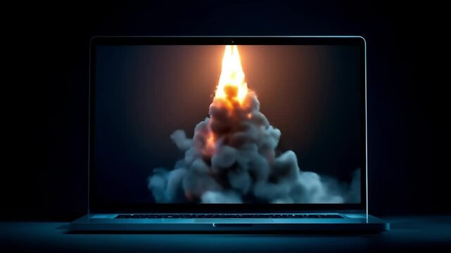 Laptop on dark table displays powerful rocket launch on screen as flames and smoke fill the display. 4K.
