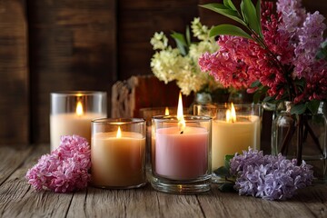 Beautiful candles with colorful flowers on wooden background
