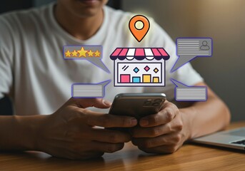 Local business reviews and customer feedback system on mobile device, showcasing star ratings for small businesses. Digital marketing, local SEO, and consumer experience in online business reviews