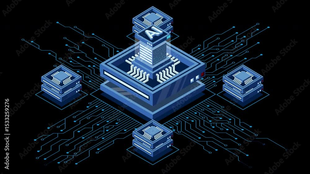 Fototapete Isometric artificial intelligence chip animation. Artificial Intelligence concept. Futuristic microchip processor. Motion graphic. Transparent background with alpha channel