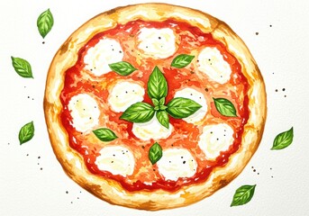 Delicious watercolor pizza margherita isolated on white background