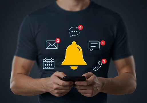 Businessman using smartphone to manage multiple notifications, including email, calendar events, phone calls, and messages, representing business communication, digital connection, and productivity