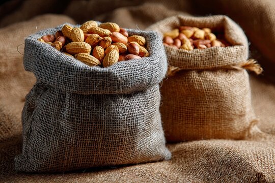 Two rustic burlap sacks filled with fresh peanuts for a delicious healthy snack
