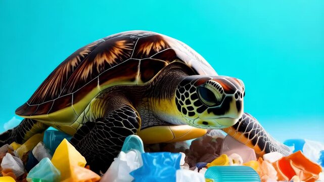 Sea turtle surrounded by colorful plastic trash against a turquoise background depicting the dangers of ocean pollution to wildlife