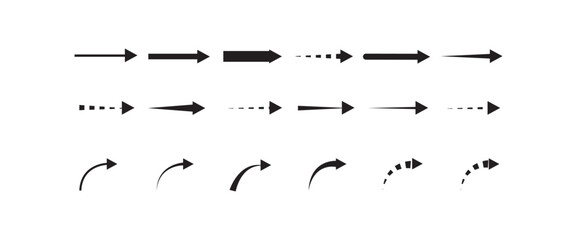 Straight and Curved Arrow Icons Set – Vector Direction, Movement, and Navigation Symbols