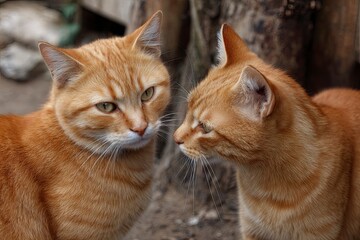 Two cute cream brown cats are playing together