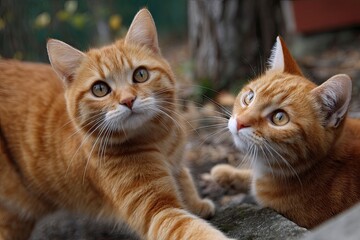 Two cute cream brown cats are playing together