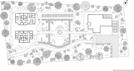 Obraz premium Architectural Drawings, people plan vector in park out door illustration, top view, Minimal style hand drawn, set elements for architecture and landscape design. Sections, Elevations
