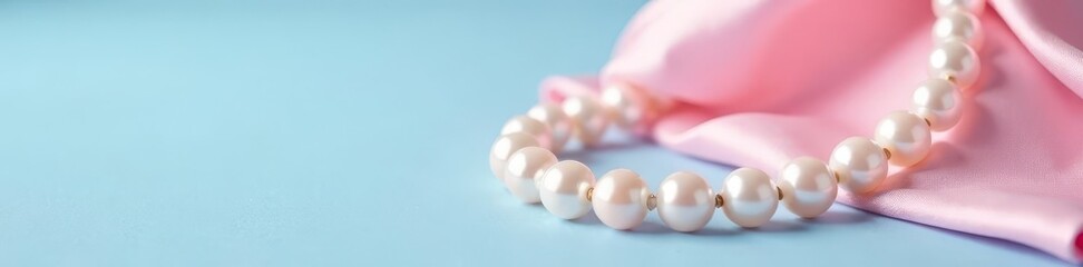 Delicate pearl necklace draped on soft pink silk against a pastel blue backdrop , still life, image