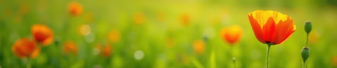 Delicate orange poppy petals unfolding on a soft green meadow, landscape, flowers