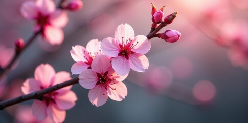 Delicate pink lock adorns a slender cherry blossom branch, flowers, cherry blossom