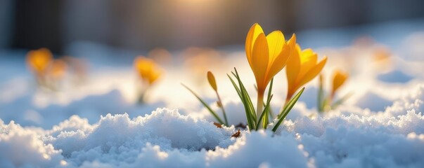 Delicate saffron crocus emerging from melting snow , white, season