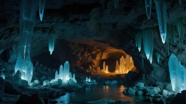 Spectacular crystal cave with ice stalactites and clear water reflecting the cavern interior landscape. Blue ice, rock formations, cave interior, water, nature.