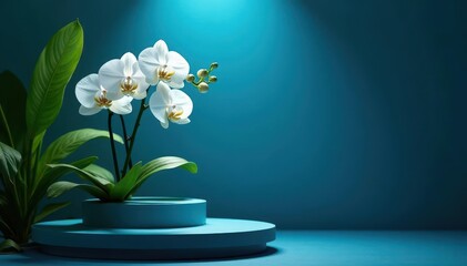 Elegant white orchid flowers on a pedestal, surrounded by lush greenery under blue spotlight, nature, pedestal, white