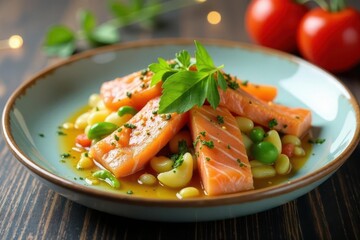 Elegant salmon Olivier salad, festive garnish , gourmet, christmas, luxury